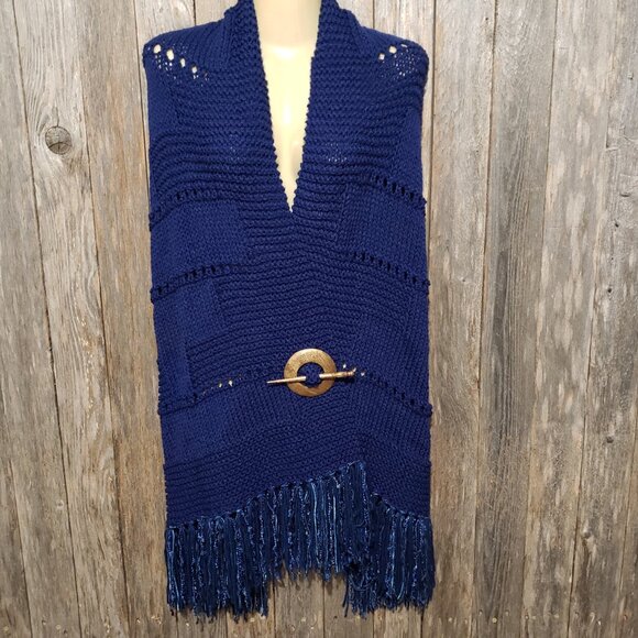 NEW Navy Blue Mix Stitch Hand Knit Knitted Shawl Wrap Scarf Eyelet Topper - Picture 4 of 9